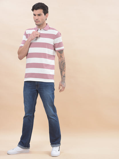 T-Shirt for Men | Breathable & Soft with Color Fastness Regular Fit Polo Neck Poly Cotton Fabric Striped Pattern