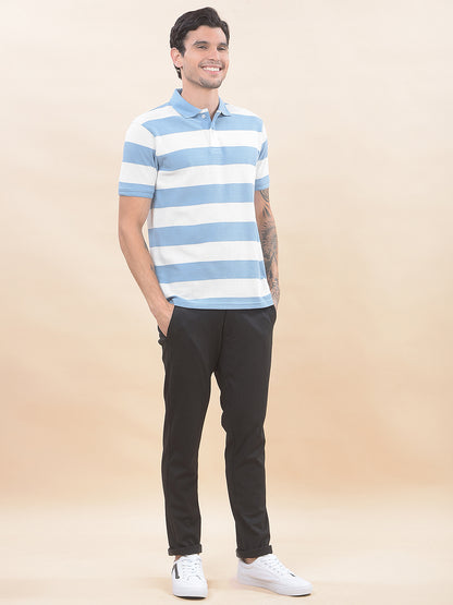 T-Shirt for Men | Breathable & Soft with Color Fastness Regular Fit Polo Neck Poly Cotton Fabric Striped Pattern
