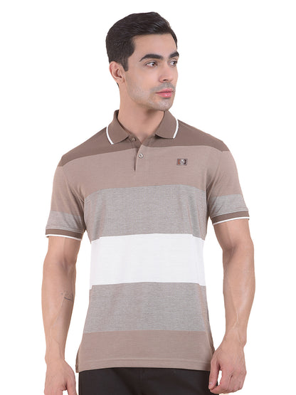 T-Shirt for Men | Breathable & Soft with Color Fastness Regular Fit Polo Neck Poly Cotton Fabric Striped Pattern
