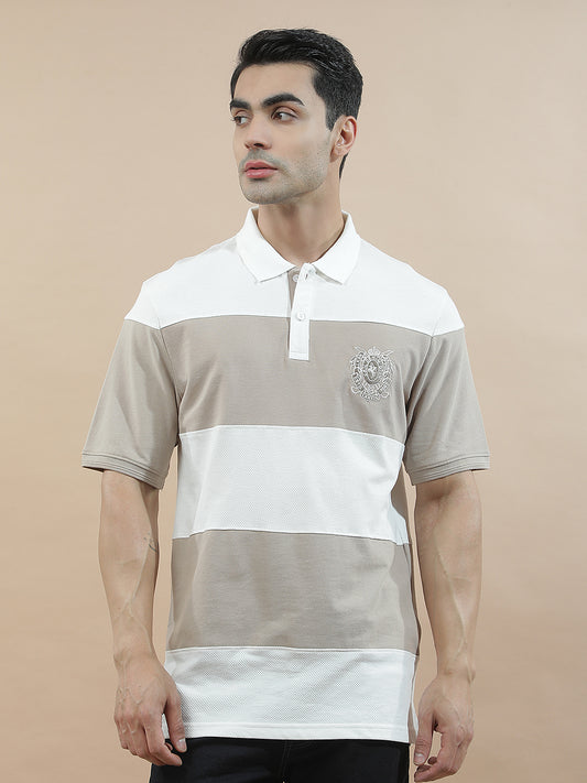 T-Shirt for Men | Breathable & Soft with Color Fastness Regular Fit Polo Neck Poly Cotton Fabric Colourblocked Pattern