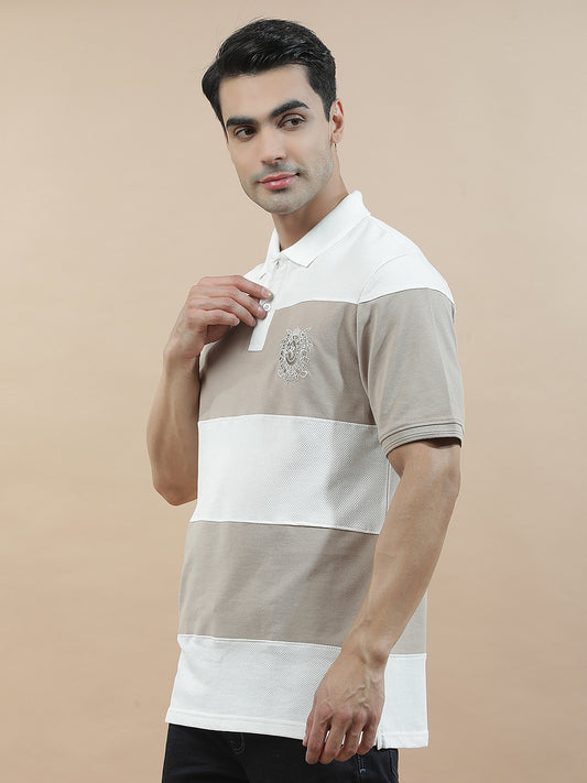 T-Shirt for Men | Breathable & Soft with Color Fastness Regular Fit Polo Neck Poly Cotton Fabric Colourblocked Pattern