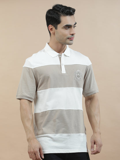 T-Shirt for Men | Breathable & Soft with Color Fastness Regular Fit Polo Neck Poly Cotton Fabric Colourblocked Pattern