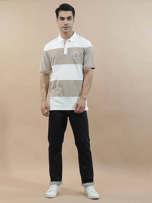 T-Shirt for Men | Breathable & Soft with Color Fastness Regular Fit Polo Neck Poly Cotton Fabric Colourblocked Pattern