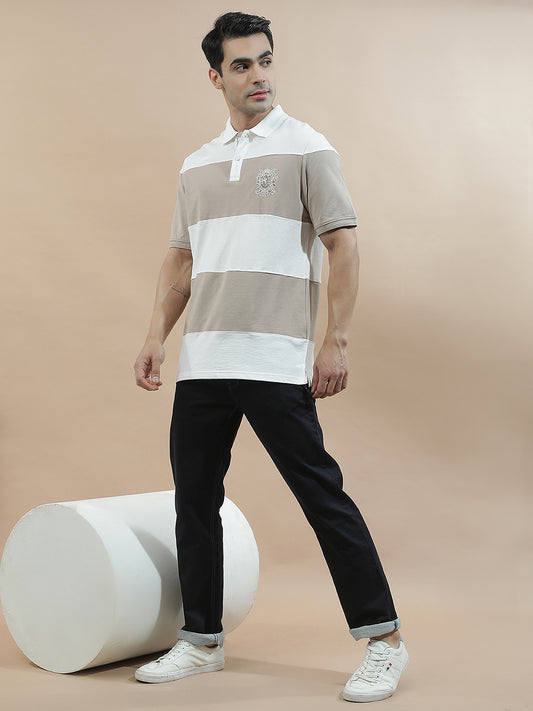 T-Shirt for Men | Breathable & Soft with Color Fastness Regular Fit Polo Neck Poly Cotton Fabric Colourblocked Pattern