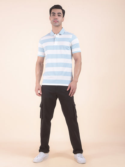 T-Shirt for Men | Breathable & Soft with Color Fastness Regular Fit Polo Neck Poly Cotton Fabric Striped Pattern