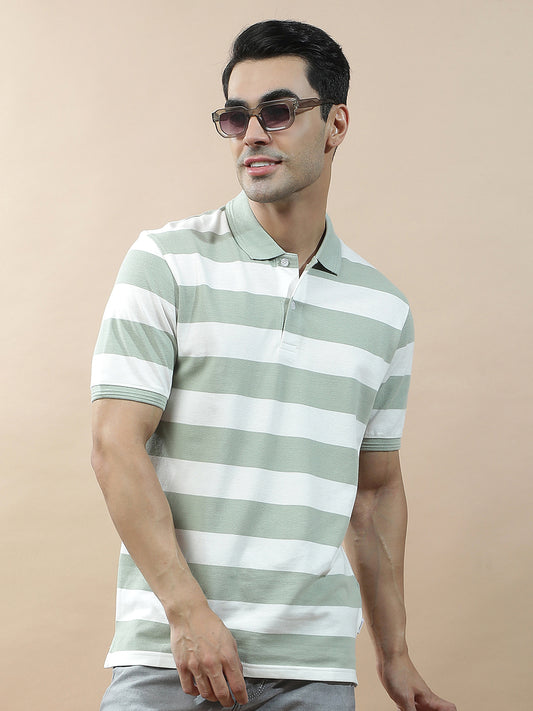 T-Shirt for Men | Breathable & Soft with Color Fastness Regular Fit Polo Neck Poly Cotton Fabric Striped Pattern