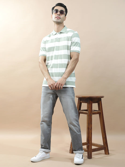 T-Shirt for Men | Breathable & Soft with Color Fastness Regular Fit Polo Neck Poly Cotton Fabric Striped Pattern