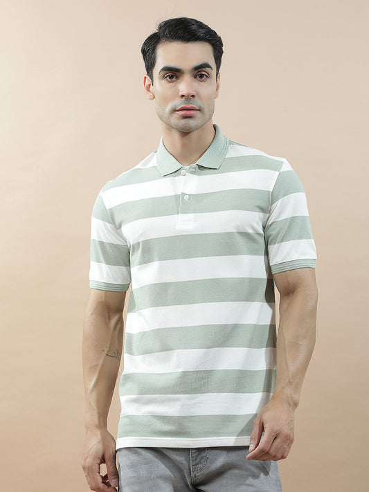 T-Shirt for Men | Breathable & Soft with Color Fastness Regular Fit Polo Neck Poly Cotton Fabric Striped Pattern