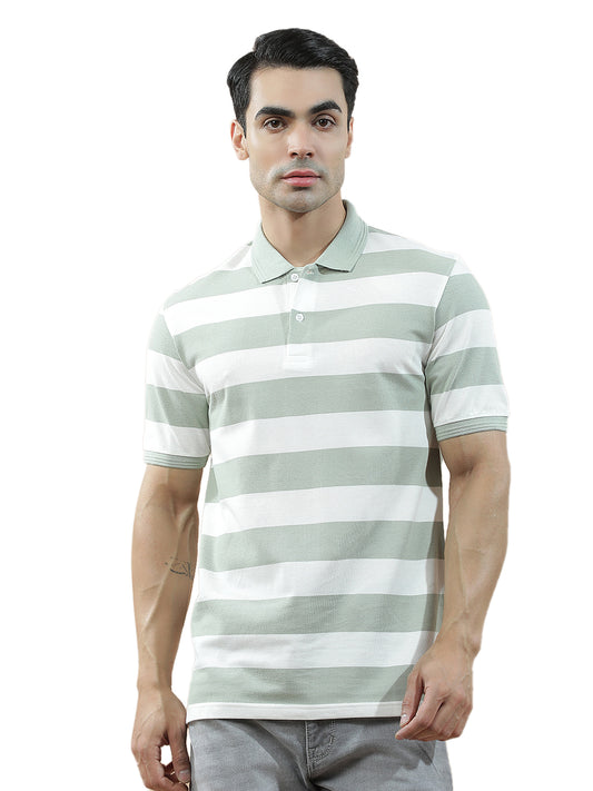 T-Shirt for Men | Breathable & Soft with Color Fastness Regular Fit Polo Neck Poly Cotton Fabric Striped Pattern