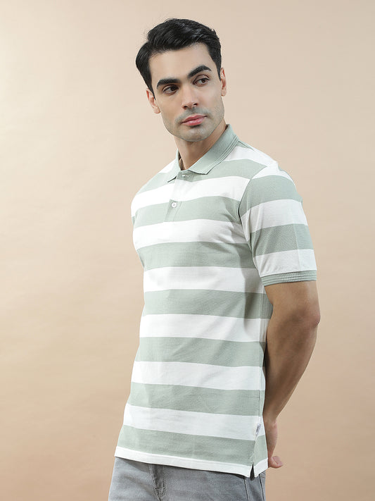 T-Shirt for Men | Breathable & Soft with Color Fastness Regular Fit Polo Neck Poly Cotton Fabric Striped Pattern