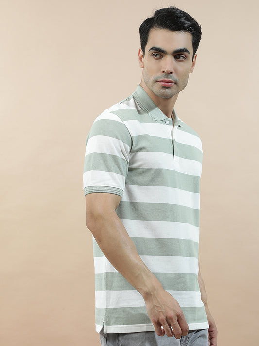 T-Shirt for Men | Breathable & Soft with Color Fastness Regular Fit Polo Neck Poly Cotton Fabric Striped Pattern