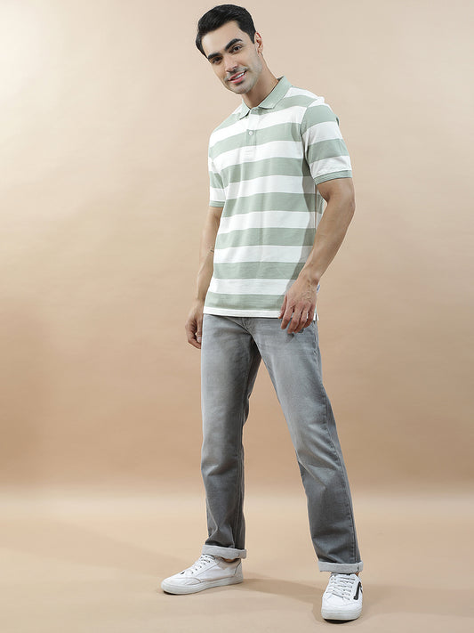 T-Shirt for Men | Breathable & Soft with Color Fastness Regular Fit Polo Neck Poly Cotton Fabric Striped Pattern