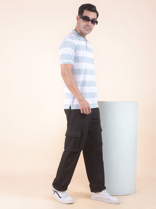 T-Shirt for Men | Breathable & Soft with Color Fastness Regular Fit Polo Neck Poly Cotton Fabric Striped Pattern