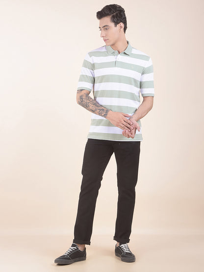 T-Shirt for Men | Breathable & Soft with Color Fastness Regular Fit Polo Neck Poly Cotton Fabric Striped Pattern