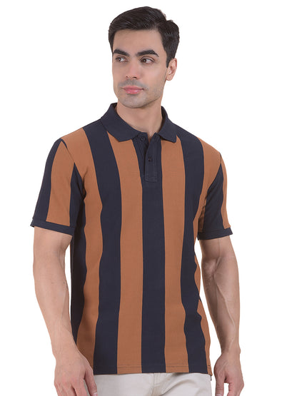 T-Shirt for Men | Breathable & Soft with Color Fastness Regular Fit Polo Neck Poly Cotton Fabric Striped Pattern