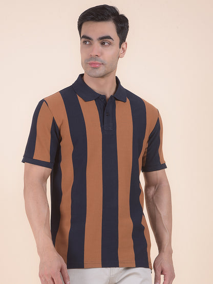 T-Shirt for Men | Breathable & Soft with Color Fastness Regular Fit Polo Neck Poly Cotton Fabric Striped Pattern