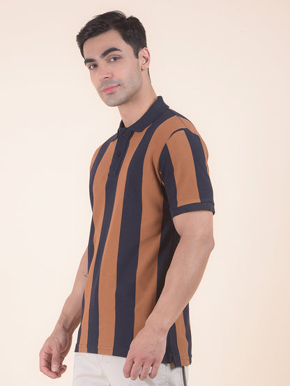 T-Shirt for Men | Breathable & Soft with Color Fastness Regular Fit Polo Neck Poly Cotton Fabric Striped Pattern