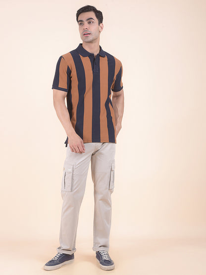 T-Shirt for Men | Breathable & Soft with Color Fastness Regular Fit Polo Neck Poly Cotton Fabric Striped Pattern