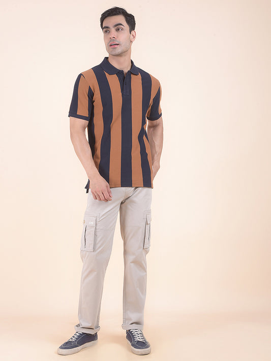 T-Shirt for Men | Breathable & Soft with Color Fastness Regular Fit Polo Neck Poly Cotton Fabric Striped Pattern