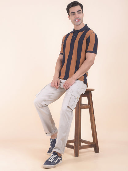 T-Shirt for Men | Breathable & Soft with Color Fastness Regular Fit Polo Neck Poly Cotton Fabric Striped Pattern