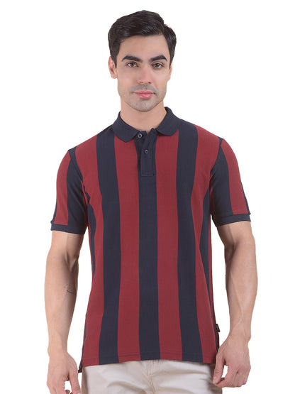 T-Shirt for Men | Breathable & Soft with Color Fastness Regular Fit Polo Neck Poly Cotton Fabric Striped Pattern