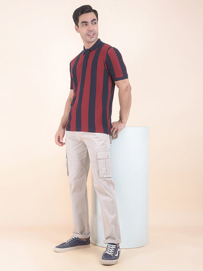 T-Shirt for Men | Breathable & Soft with Color Fastness Regular Fit Polo Neck Poly Cotton Fabric Striped Pattern