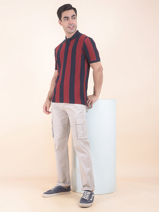 T-Shirt for Men | Breathable & Soft with Color Fastness Regular Fit Polo Neck Poly Cotton Fabric Striped Pattern