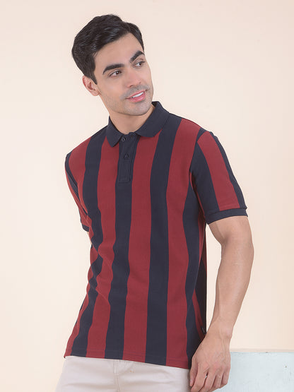 T-Shirt for Men | Breathable & Soft with Color Fastness Regular Fit Polo Neck Poly Cotton Fabric Striped Pattern