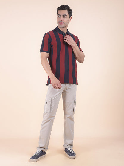 T-Shirt for Men | Breathable & Soft with Color Fastness Regular Fit Polo Neck Poly Cotton Fabric Striped Pattern