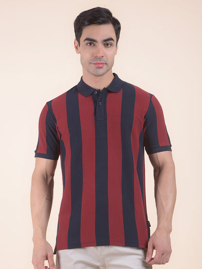 T-Shirt for Men | Breathable & Soft with Color Fastness Regular Fit Polo Neck Poly Cotton Fabric Striped Pattern