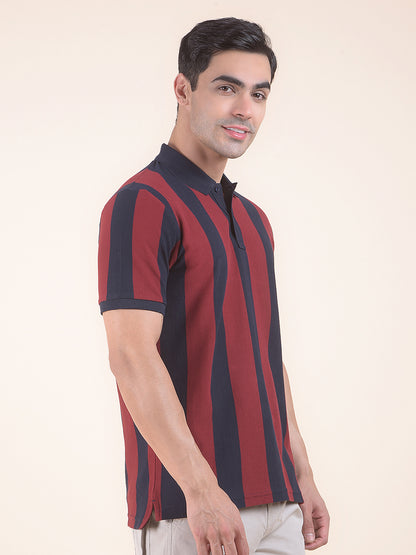 T-Shirt for Men | Breathable & Soft with Color Fastness Regular Fit Polo Neck Poly Cotton Fabric Striped Pattern