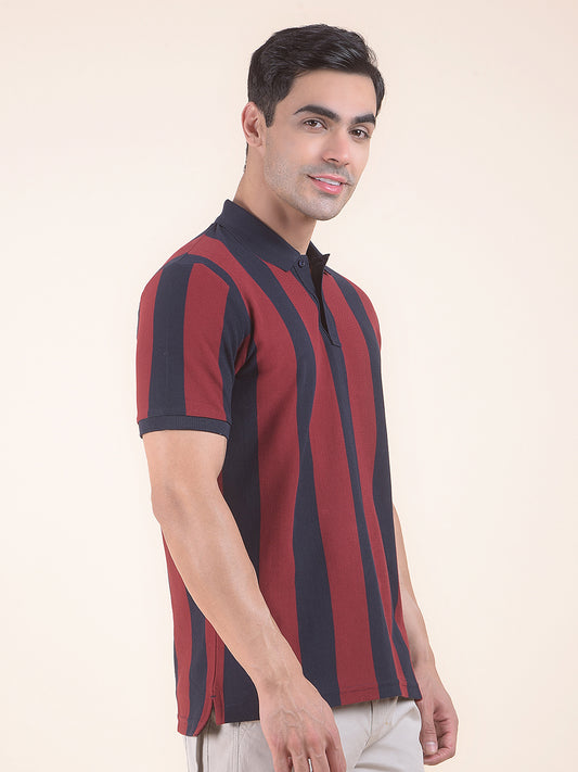 T-Shirt for Men | Breathable & Soft with Color Fastness Regular Fit Polo Neck Poly Cotton Fabric Striped Pattern