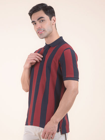 T-Shirt for Men | Breathable & Soft with Color Fastness Regular Fit Polo Neck Poly Cotton Fabric Striped Pattern