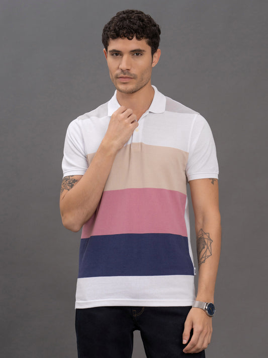 Men's Pink Regular Fit Striped Half Sleeve Casual T-Shirt
