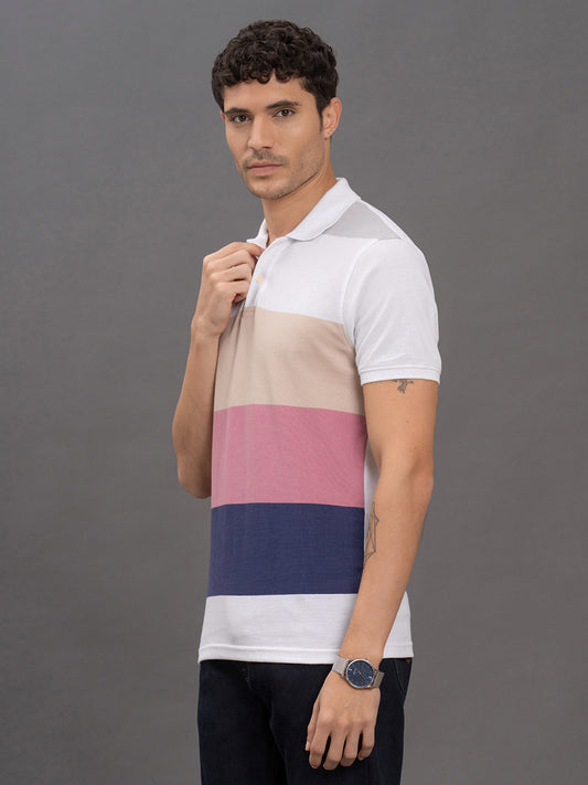 Men's Pink Regular Fit Striped Half Sleeve Casual T-Shirt