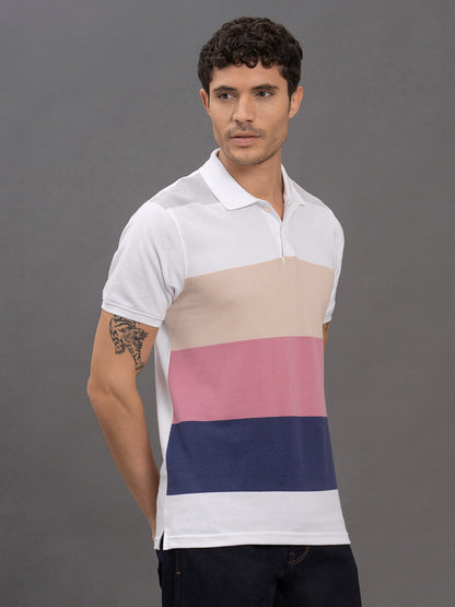 Men's Pink Regular Fit Striped Half Sleeve Casual T-Shirt