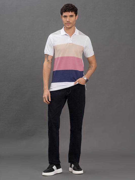 Men's Pink Regular Fit Striped Half Sleeve Casual T-Shirt