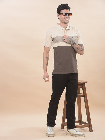 T-Shirt for Men | Breathable & Soft with Color Fastness Regular Fit Polo Neck Poly Cotton Fabric Colourblocked Pattern