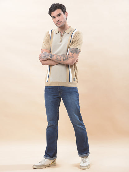 T-Shirt for Men | Breathable & Soft with Color Fastness Regular Fit Polo Neck Cotton Blend Fabric Striped Pattern