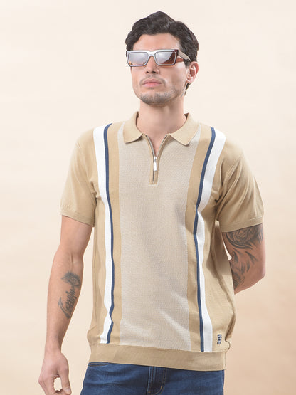 T-Shirt for Men | Breathable & Soft with Color Fastness Regular Fit Polo Neck Cotton Blend Fabric Striped Pattern