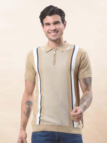 T-Shirt for Men | Breathable & Soft with Color Fastness Regular Fit Polo Neck Cotton Blend Fabric Striped Pattern