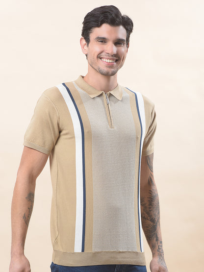 T-Shirt for Men | Breathable & Soft with Color Fastness Regular Fit Polo Neck Cotton Blend Fabric Striped Pattern