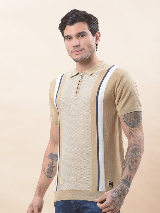 T-Shirt for Men | Breathable & Soft with Color Fastness Regular Fit Polo Neck Cotton Blend Fabric Striped Pattern