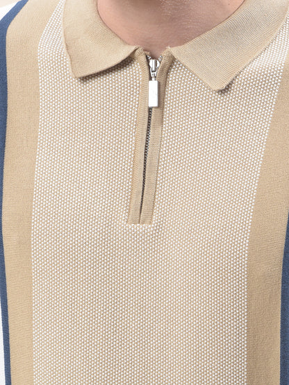 T-Shirt for Men | Breathable & Soft with Color Fastness Regular Fit Polo Neck Cotton Blend Fabric Striped Pattern