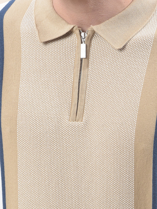 T-Shirt for Men | Breathable & Soft with Color Fastness Regular Fit Polo Neck Cotton Blend Fabric Striped Pattern
