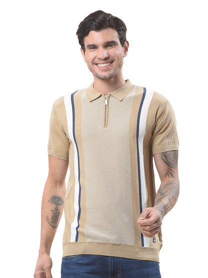 T-Shirt for Men | Breathable & Soft with Color Fastness Regular Fit Polo Neck Cotton Blend Fabric Striped Pattern