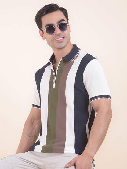 T-Shirt for Men | Breathable & Soft with Color Fastness Regular Fit Polo Neck Poly Cotton Fabric Striped Pattern