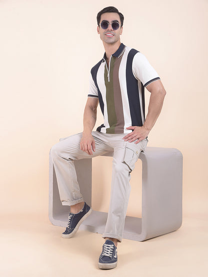 T-Shirt for Men | Breathable & Soft with Color Fastness Regular Fit Polo Neck Poly Cotton Fabric Striped Pattern