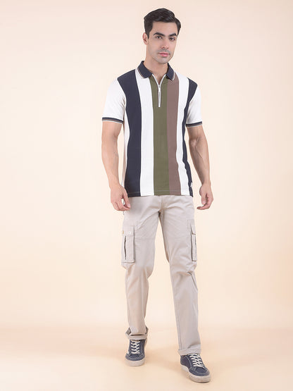 T-Shirt for Men | Breathable & Soft with Color Fastness Regular Fit Polo Neck Poly Cotton Fabric Striped Pattern