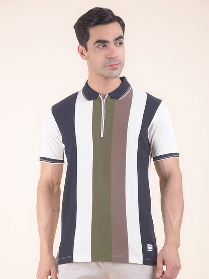 T-Shirt for Men | Breathable & Soft with Color Fastness Regular Fit Polo Neck Poly Cotton Fabric Striped Pattern